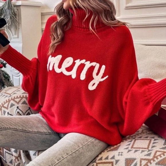 New Red Merry Christmas Holiday Sweater Turtleneck Dolman Long Sleeves White NWT - Picture 8 of 16